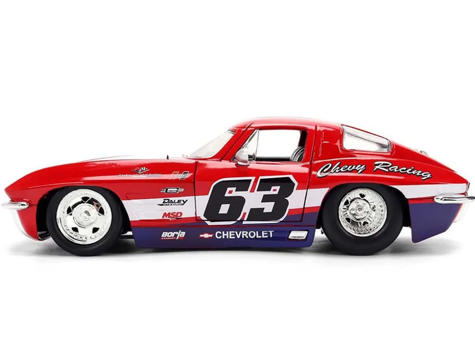 1963 Chevrolet Corvette Stingray #63 "Chevy Racing" Red with White and Blue Stripes "Bigtime Muscle" Series 1/24 Diecast Model Car by Jada