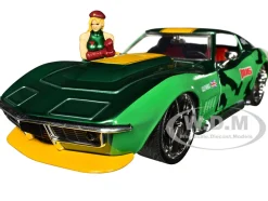 1969 Chevrolet Corvette Stingray ZL1 Green Metallic with Yellow Stripes and Cammy Diecast Figure Street Fighter Video Game Anime Hollywood Rides Series 1/24 Diecast Model Car Jada 30837