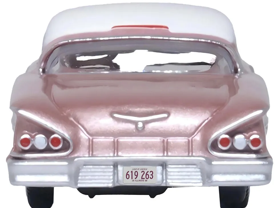 1958 Chevrolet Impala Sport Cay Coral Pink Metallic with White Top 1/87 HO Scale Diecast Model Car Oxford Diecast 87CIS58001