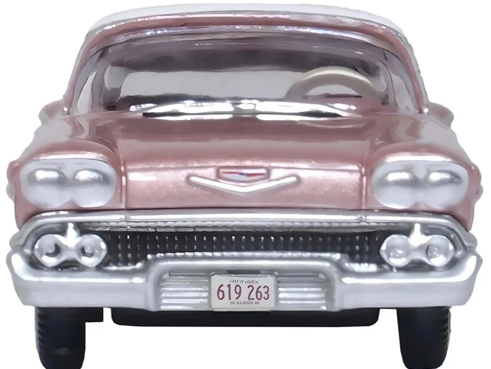 1958 Chevrolet Impala Sport Cay Coral Pink Metallic with White Top 1/87 HO Scale Diecast Model Car Oxford Diecast 87CIS58001