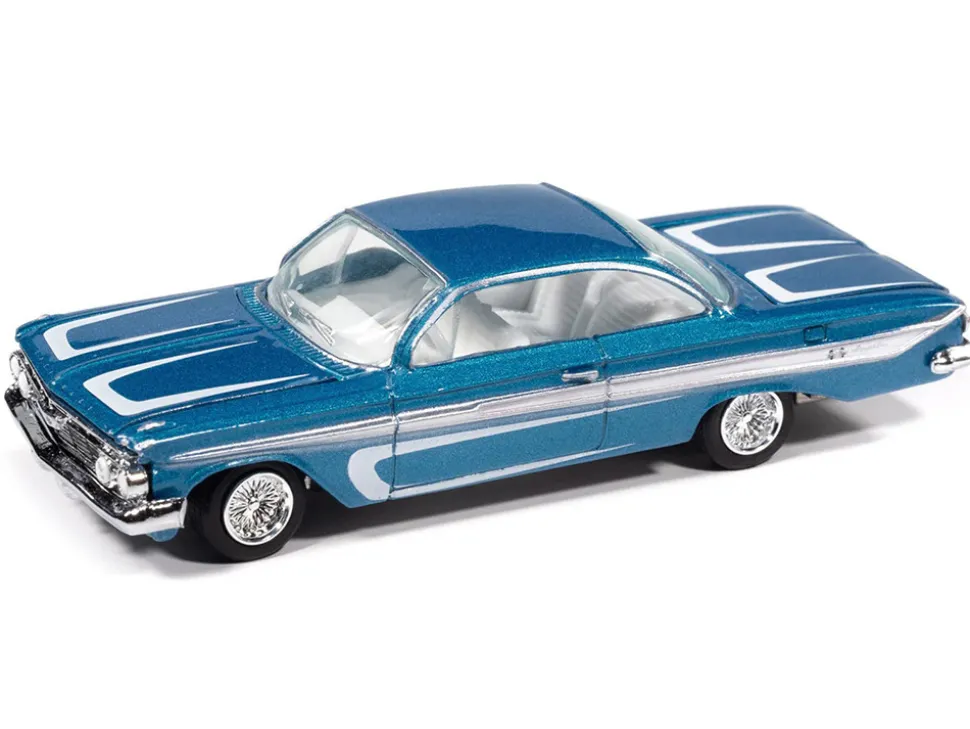 1961 Chevrolet Impala SS 409 Blue Metallic with White Stripes and Interior "Scrapin'" Series 1/64 Diecast Model Car by Johnny Lightning