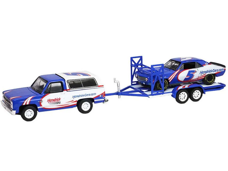1986 Chevrolet K5 Blazer Blue and White and 1969 Chevrolet Camaro #5 Blue and White "Kyle Larson - Hendrick Motorsports" with Tandem Car Trailer "Racing Hitch & Tow" Series 6 1/64 Diecast Model Cars by Greenlight
