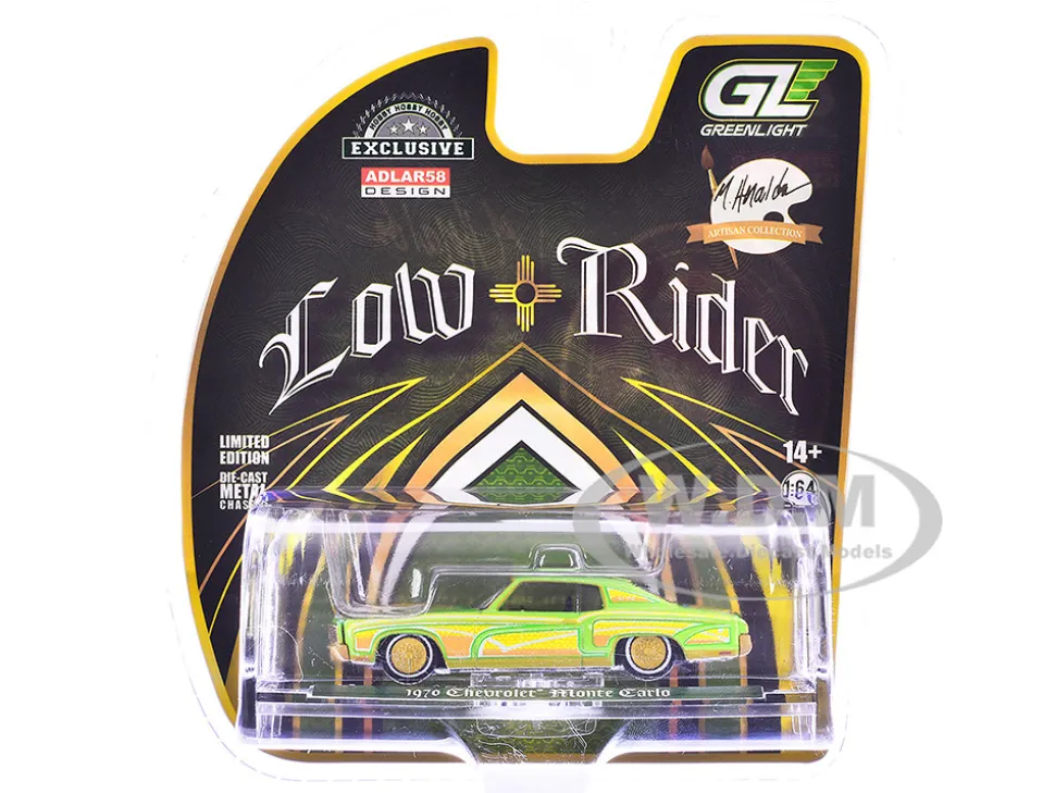1970 Chevrolet Monte Carlo Lowrider "Michael Heralda Special Edition" Lime Green with Graphics "Hobby Exclusive" Series 1/64 Diecast Model Car by Greenlight