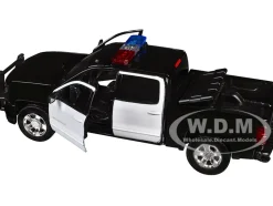 2017 Chevrolet Silverado 1500 LT Z71 Crew Cab Pickup Truck Black and White with Flashing Light Bar and Front and Rear Lights and Sounds 1/27 Diecast Model Car by Motormax