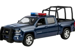 2017 Chevrolet Silverado 1500 LT Z71 Crew Cab Pickup Truck with Bed Cage Dark Blue with Flashing Light Bar and Front and Rear Lights and Sounds 1/27 Diecast Model Car by Motormax