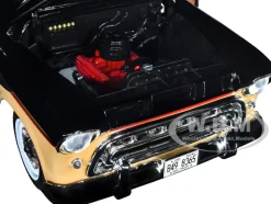 1957 Chevrolet 3100 Stepside Pickup Truck Black and Tan with Graphics Leinenkugle's Beer The Pride of Chippewa Falls 1/18 Diecast Model Auto World AW311