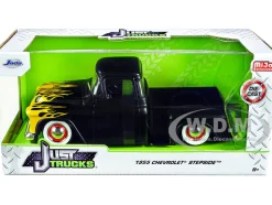 1955 Chevrolet Stepside Pickup Truck Matt Black Yellow Flames Just Trucks Series 1/24 Diecast Model Car Jada 34294