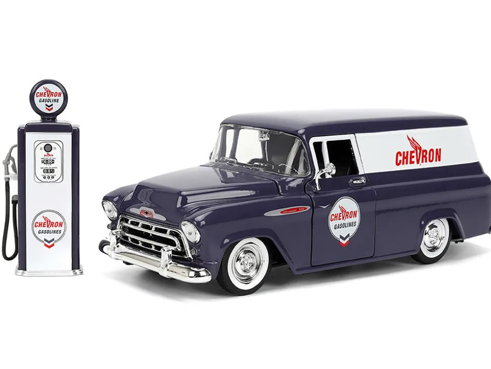 1957 Chevrolet Suburban "Chevron" Dark Blue with White Stripes and Chevron Gas Pump "Just Trucks" Series 1/24 Diecast Model Car by Jada