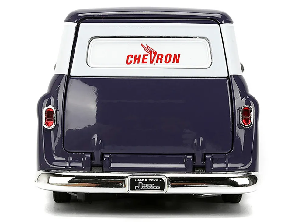 1957 Chevrolet Suburban "Chevron" Dark Blue with White Stripes and Chevron Gas Pump "Just Trucks" Series 1/24 Diecast Model Car by Jada