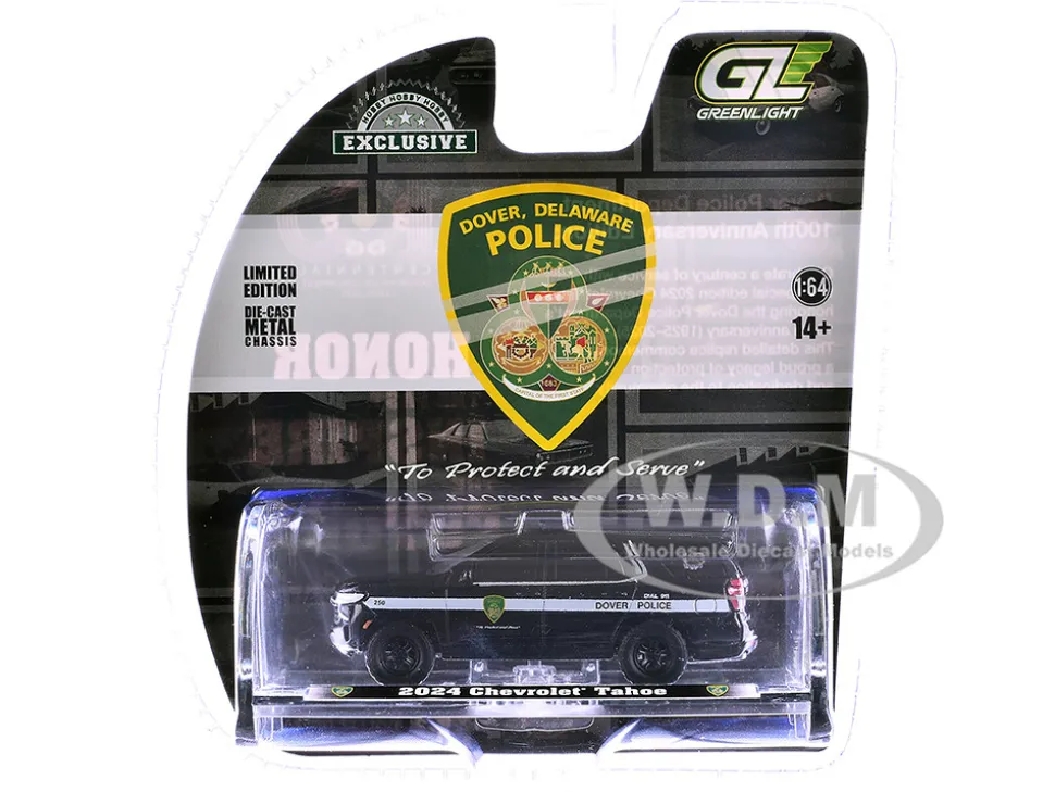 2024 Chevrolet Tahoe Police Pursuit Vehicle "Dover Police – 100th Anniversary Edition" Black with White Stripes "Hobby Exclusive" Series 1/64 Diecast Model Car by Greenlight