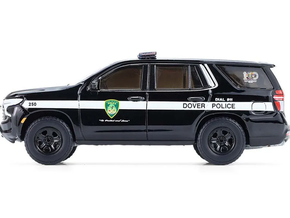 2024 Chevrolet Tahoe Police Pursuit Vehicle "Dover Police – 100th Anniversary Edition" Black with White Stripes "Hobby Exclusive" Series 1/64 Diecast Model Car by Greenlight
