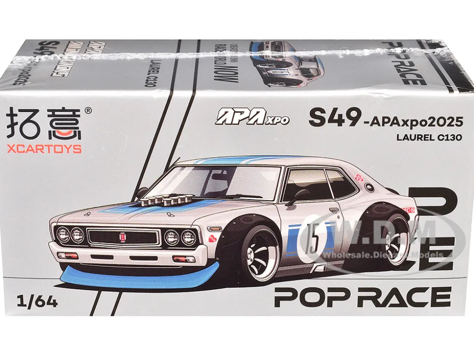 Datsun Laurel C130 RHD (Right Hand Drive) #15 Raw Metal with Blue Stripes "APA XPO 2025 Exclusive" 1/64 Diecast Model Car by Pop Race