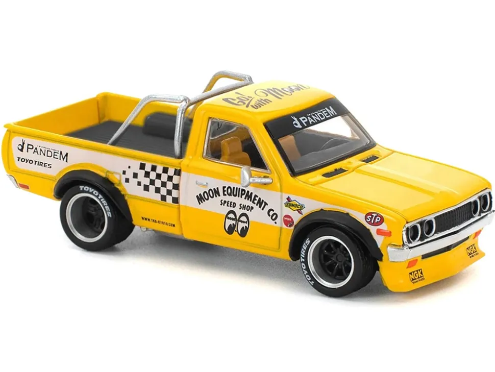 Datsun Pandem 620 Pickup Truck "MoonEyes" Yellow with White Sides and Graphics 1/64 Diecast Model Car by Pop Race