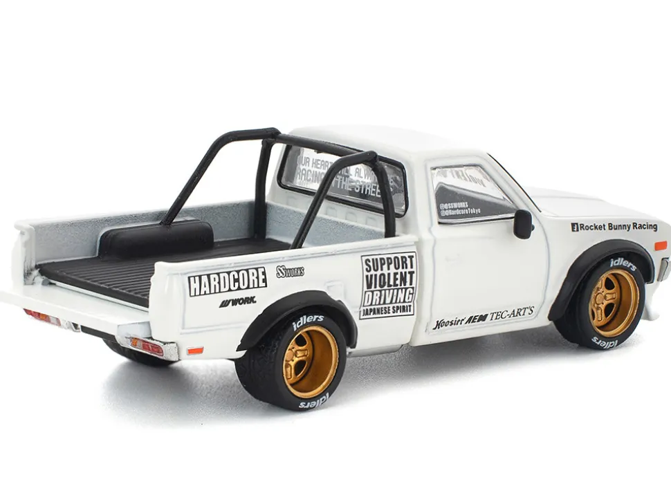 Datsun Pandem 620 Pickup Truck "Rocket Bunny Racing" White with Graphics 1/64 Diecast Model Car by Pop Race