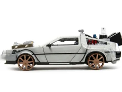 DeLorean Brushed Metal Time Machine Train Wheel Version with Lights Back to the Future Part III 1990 Movie Hollywood Rides Series 1/24 Diecast Model Car Jada 34996