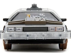 DeLorean Brushed Metal Time Machine Train Wheel Version with Lights Back to the Future Part III 1990 Movie Hollywood Rides Series 1/24 Diecast Model Car Jada 34996