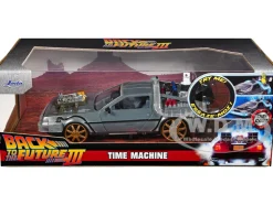 DeLorean Brushed Metal Time Machine Train Wheel Version with Lights Back to the Future Part III 1990 Movie Hollywood Rides Series 1/24 Diecast Model Car Jada 34996