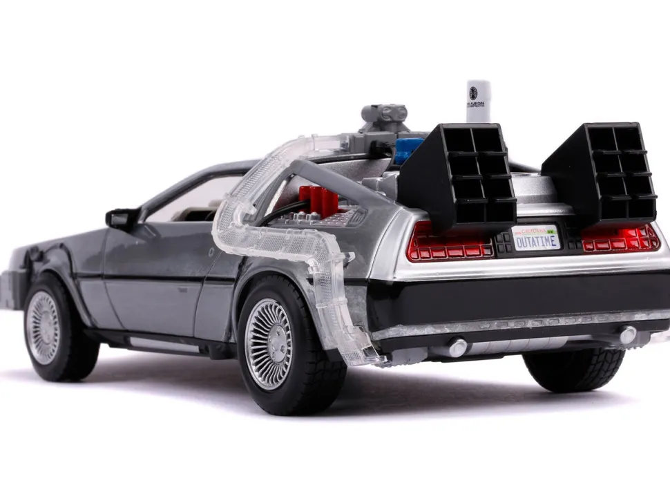 DeLorean Brushed Metal Time Machine with Lights Flying Version Back to the Future Part II 1989 Movie Hollywood Rides Series 1/24 Diecast Model Car Jada 31468
