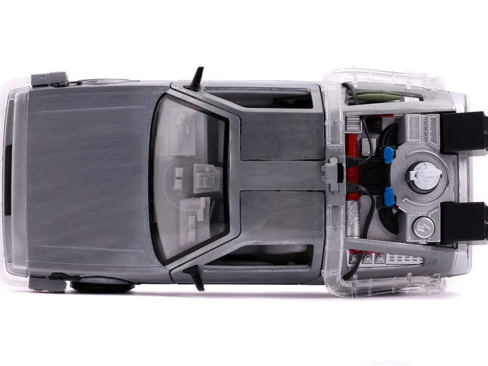 DeLorean Brushed Metal Time Machine with Lights Flying Version Back to the Future Part II 1989 Movie Hollywood Rides Series 1/24 Diecast Model Car Jada 31468