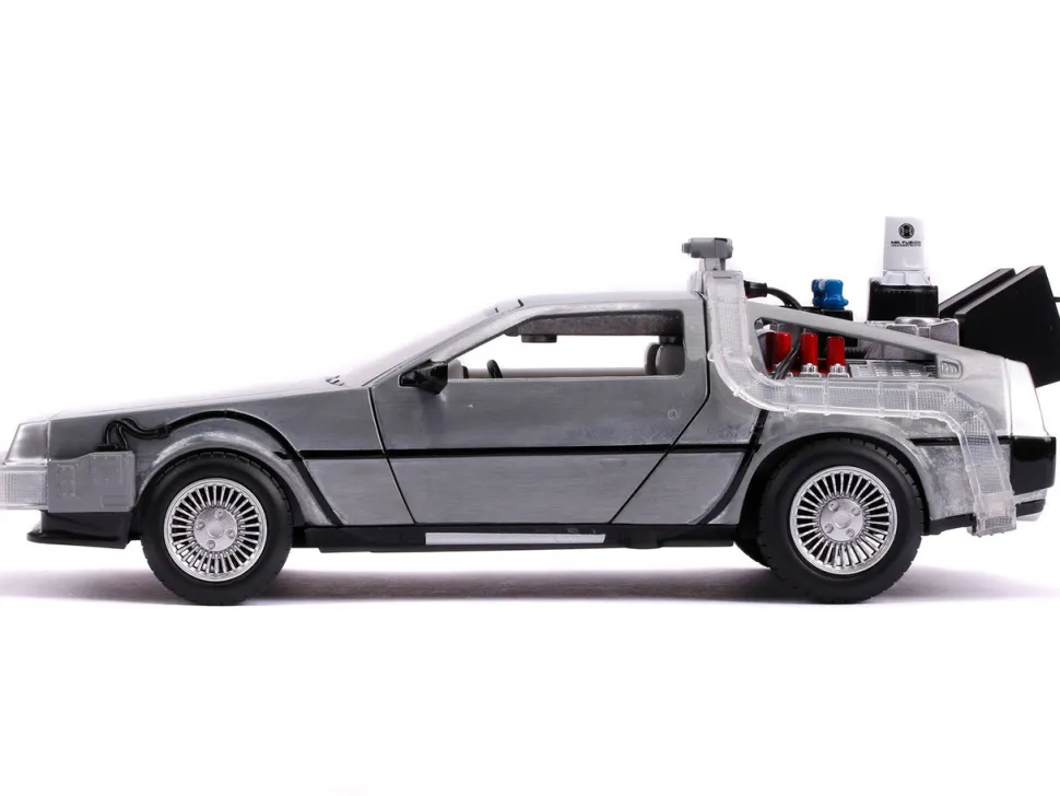 DeLorean Brushed Metal Time Machine with Lights Flying Version Back to the Future Part II 1989 Movie Hollywood Rides Series 1/24 Diecast Model Car Jada 31468