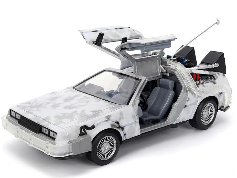 DMC DeLorean Time Machine Brushed Metal (Frost Version) with Lights "Back to the Future" (1985) Movie "Hollywood Rides" Series 1/24 Diecast Model Car by Jada