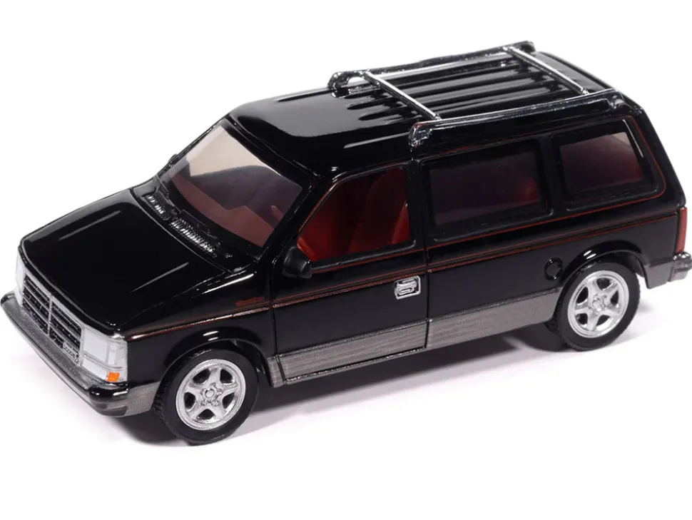 1989 Dodge Caravan Turbo Van Black with Red Stripes and Interior "Mighty Minivans" Series 1/64 Diecast Model Car by Auto World