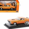 1971 Dodge Challenger R/T 440 Orange with Yellow Stripes and White Interior Limited Edition to 5250 pieces Worldwide 1/24 Diecast Model Car by M2 Machines