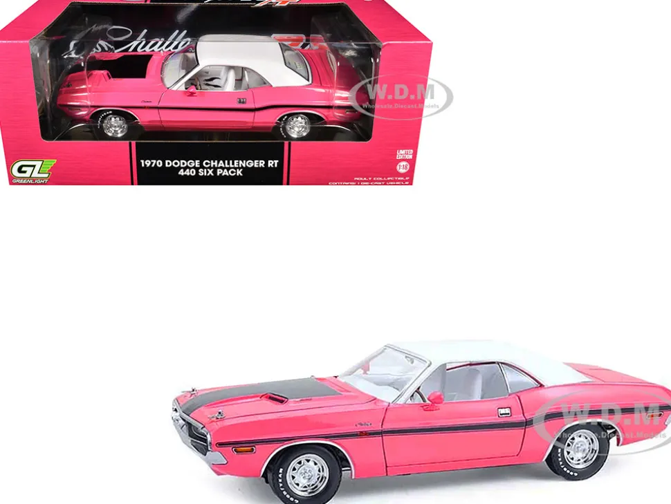 1970 Dodge Challenger R/T 440 Six Pack Panther Pink with Black Stripes, White Top and White Interior 1/18 Diecast Model Car by Greenlight