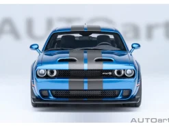 2023 Dodge Challenger SRT Super Stock Frostbite Blue Metallic with Carbon Stripes 1/18 Model Car by Autoart
