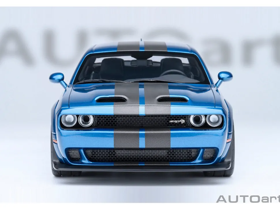 2023 Dodge Challenger SRT Super Stock Frostbite Blue Metallic with Carbon Stripes 1/18 Model Car by Autoart