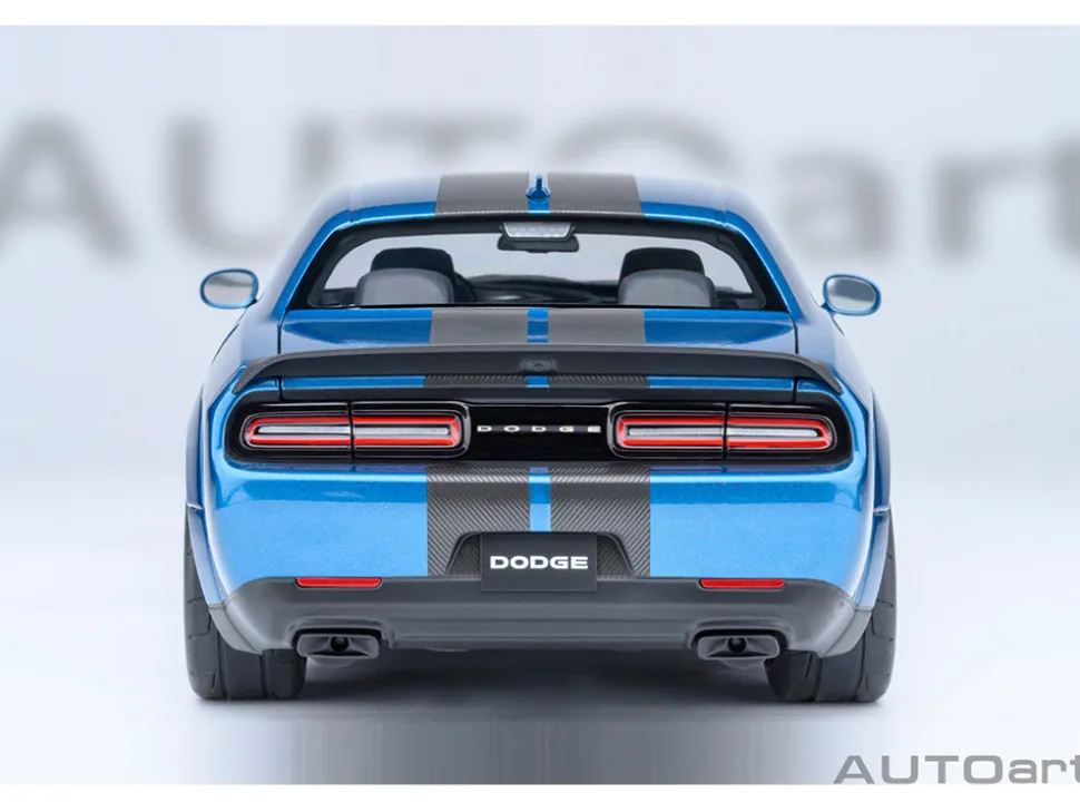 2023 Dodge Challenger SRT Super Stock Frostbite Blue Metallic with Carbon Stripes 1/18 Model Car by Autoart