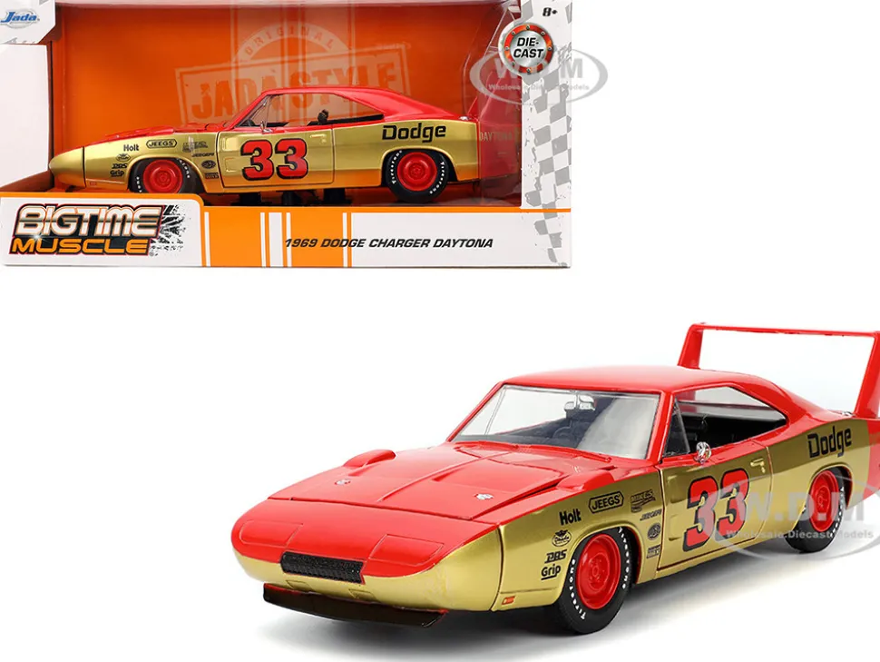 1969 Dodge Charger Daytona #33 Red and Gold Metallic with Graphics "Bigtime Muscle" Series 1/24 Diecast Model Car by Jada