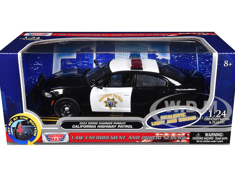 2023 Dodge Charger Pursuit Police Car "California Highway Patrol (CHP)" Black and White with Flashing Light Bar and Front and Rear Lights and Sounds 1/24 Diecast Model Car by Motormax