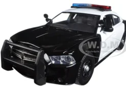 2011 Dodge Charger Pursuit Police Car Black and White with Flashing Light Bar, Front and Rear Lights and 2 Sounds 1/24 Diecast Model Car Motormax 79533