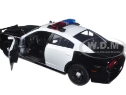 2011 Dodge Charger Pursuit Police Car Black and White with Flashing Light Bar, Front and Rear Lights and 2 Sounds 1/24 Diecast Model Car Motormax 79533