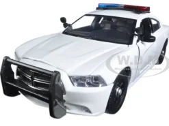 2011 Dodge Charger Pursuit Police Car White with Flashing Light Bar, Front and Rear Lights and 2 Sounds 1/24 Diecast Model Car Motormax 79532