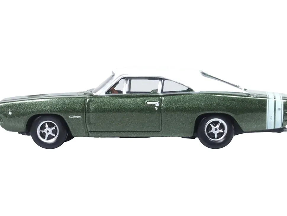 1968 Dodge Charger Racing Green Metallic with White Top and Tail Stripe 1/87 (HO) Scale Diecast Model Car by Oxford Diecast