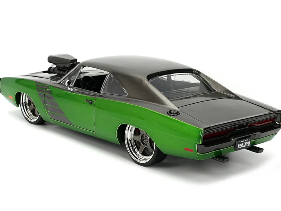 1970 Dodge Charger R/T Dark Gray Metallic and Green Metallic with Dark Gray Stripes "Bigtime Muscle" Series 1/24 Diecast Model Car by Jada