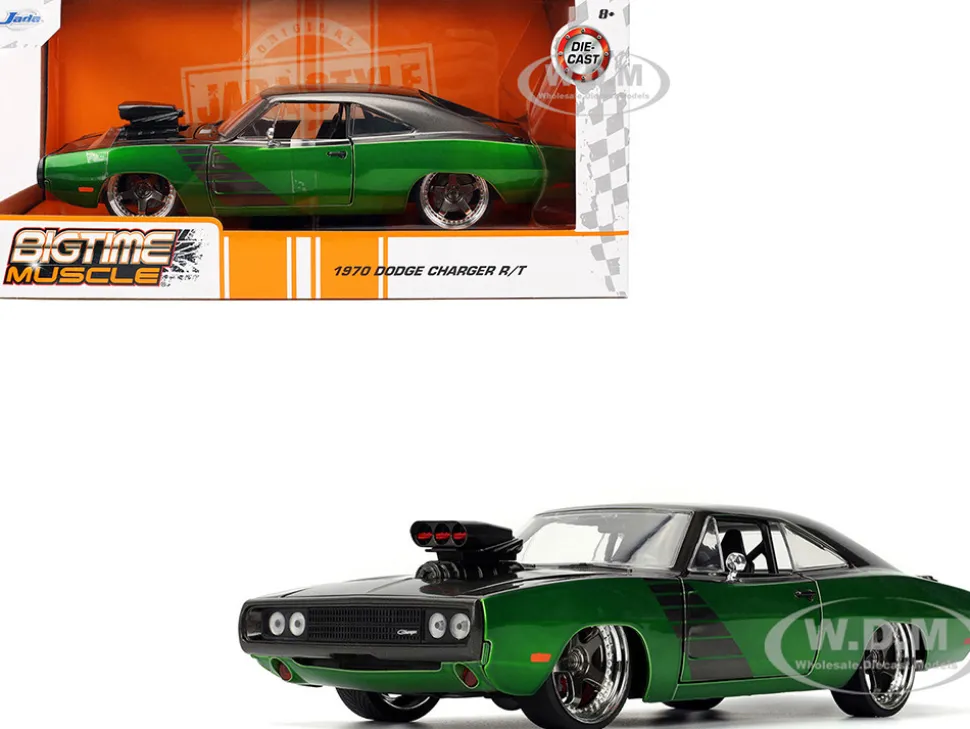 1970 Dodge Charger R/T Dark Gray Metallic and Green Metallic with Dark Gray Stripes "Bigtime Muscle" Series 1/24 Diecast Model Car by Jada