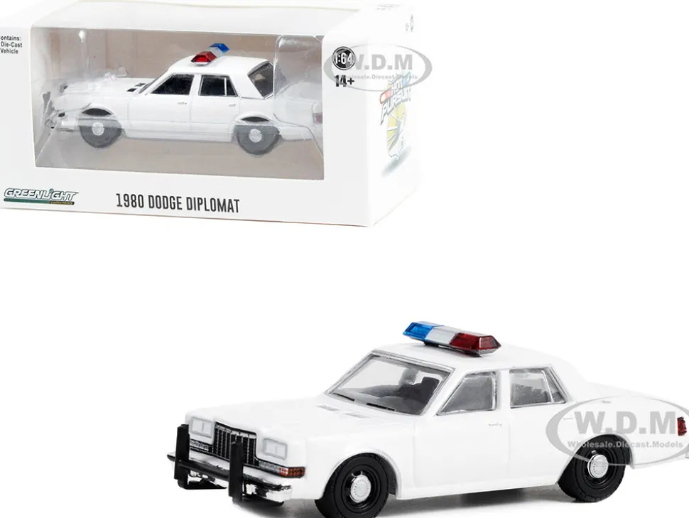 1980 1989 Dodge Diplomat Police Unmarked White with Light Bar Hot Pursuit Hobby Exclusive Series 1/64 Diecast Model Car Greenlight GL43006L