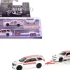 2018 Dodge Durango White with Red Stripes and 2021 Dodge Challenger SRT White with Red Stripes "Ramchargers" with Flatbed Trailer "Racing Hitch & Tow" Series 6 1/64 Diecast Model Cars by Greenlight