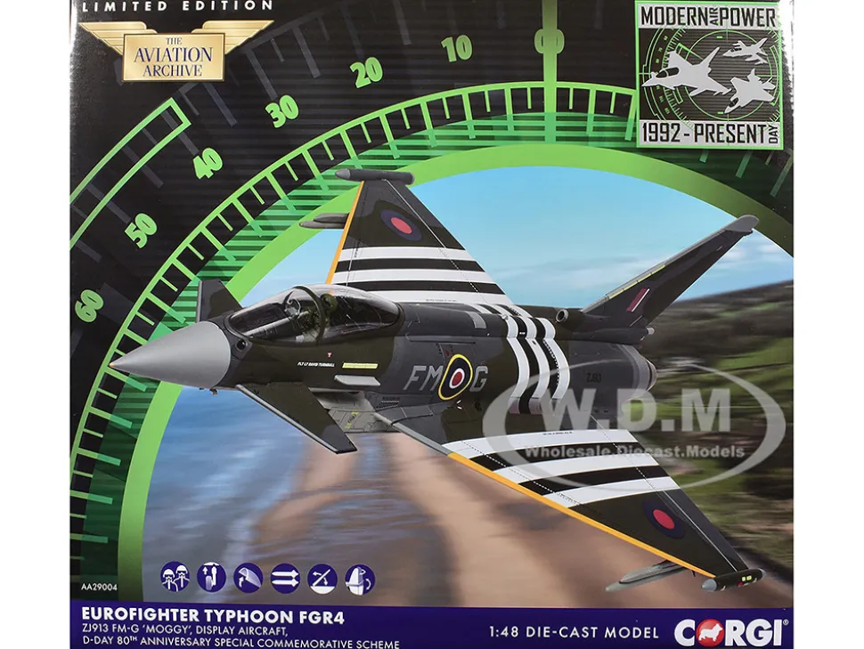 Eurofighter Typhoon FGR4 Fighter Aircraft "ZJ913 FM-G, Moggy, D-Day 80th Anniversary Display Scheme" (2024) Royal Air Force "The Aviation Archive" Series 1/48 Diecast Model by Corgi