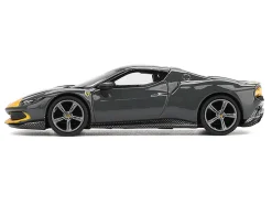 Ferrari 296 GTB Assetto Fiorano Grigio Scuro (Dark Gray) with Yellow Stripes 1/64 Diecast Model Car by BBR