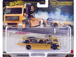 Fleet Street Flatbed Truck Yellow with Graphics and 2020 Toyota GR Supra #15 Yellow with Black Graphics "Papadakis Racing" "Team Transport - Car Culture" Series Diecast Model Cars by Hot Wheels