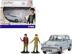 Flying Ford Anglia RHD (Right Hand Drive) Light Blue with White Top (Weathered) with Harry and Ron Figures 