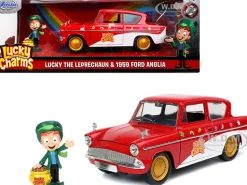 1959 Ford Anglia Red White Lucky the Leprechaun Diecast Figurine Lucky Charms 1/24 Diecast Model Car Jada 32200