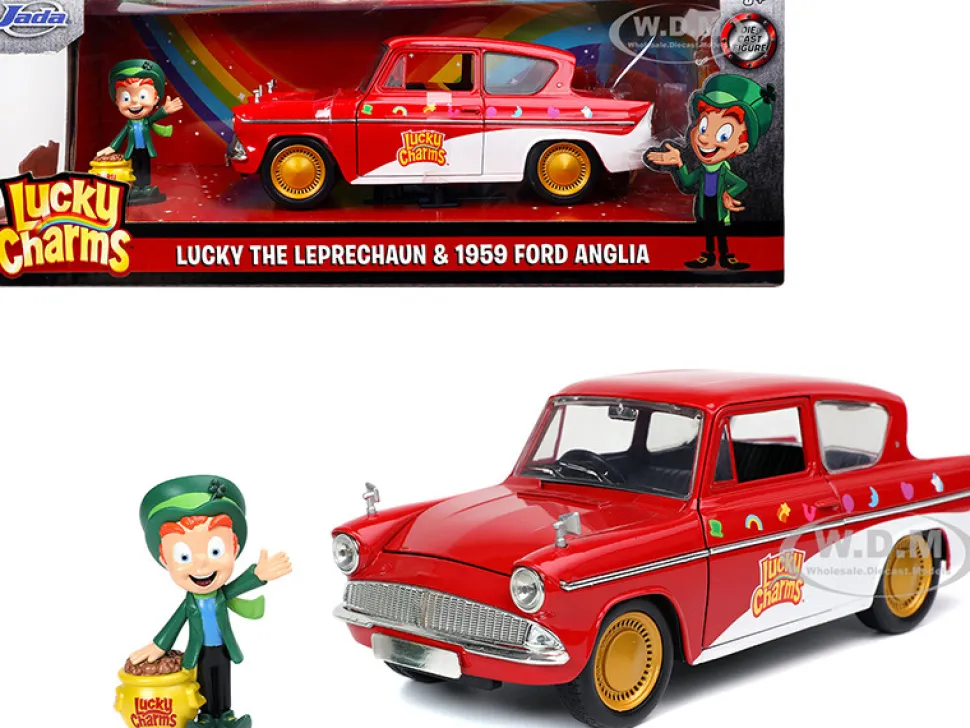 1959 Ford Anglia Red White Lucky the Leprechaun Diecast Figurine Lucky Charms 1/24 Diecast Model Car Jada 32200