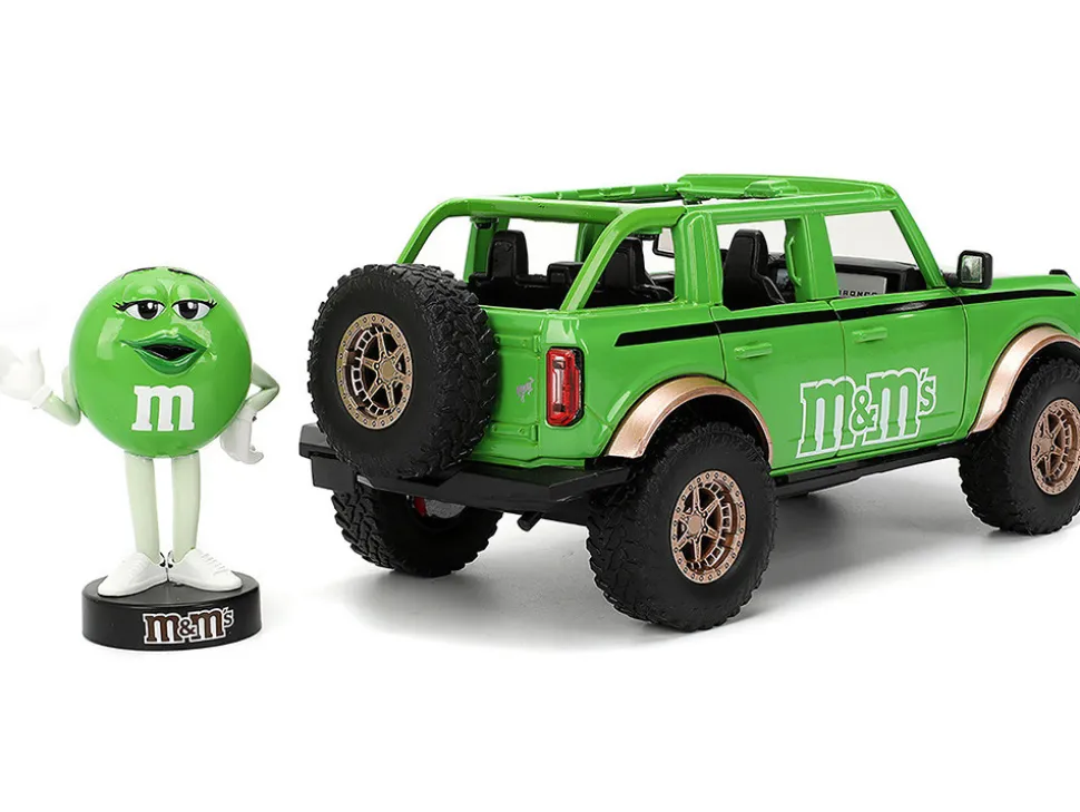 2021 Ford Bronco Green with Black Stripes and Green M&M's Diecast Figure "Hollywood Rides" Series 1/24 Diecast Model Car by Jada