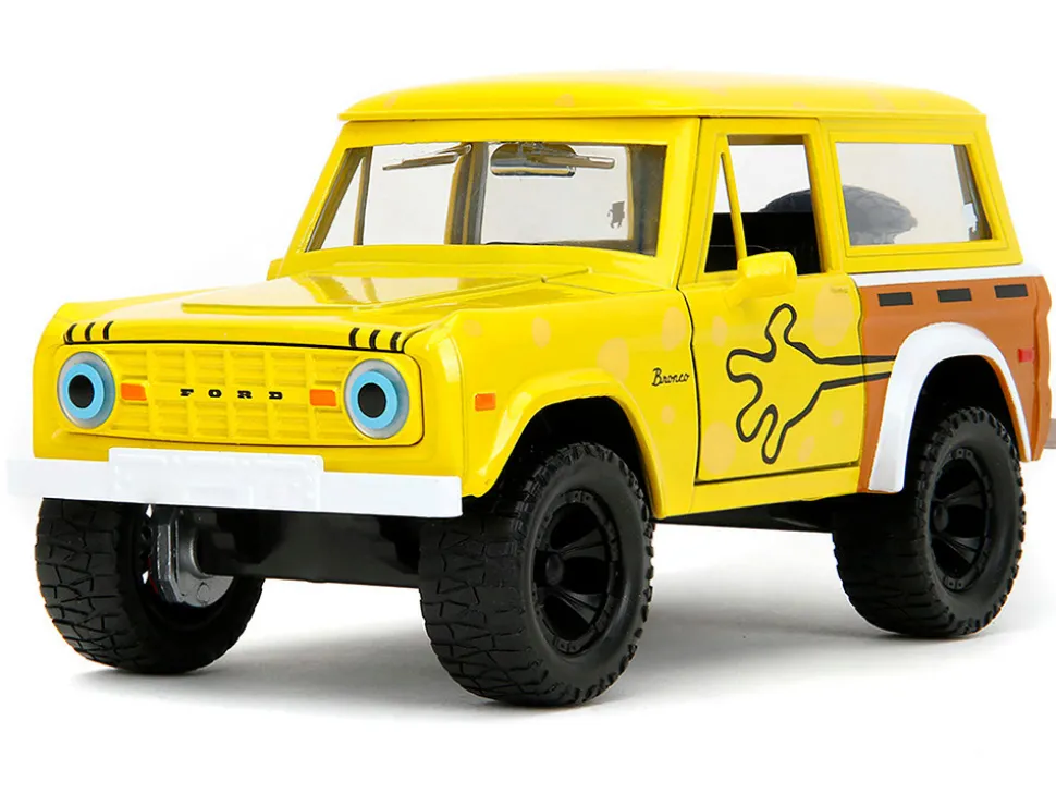 1973 Ford Bronco Yellow with Graphics and SpongeBob SquarePants Diecast Figure "SpongeBob SquarePants" (1999–Current) TV Series "Hollywood Rides" Series 1/24 Diecast Model Car by Jada