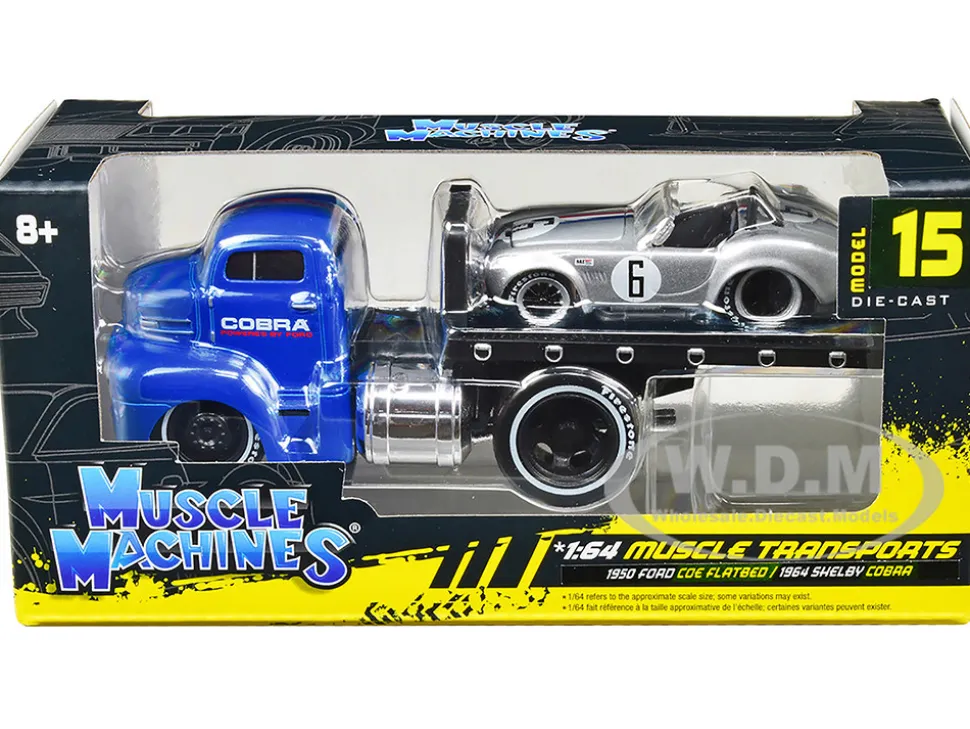 1950 Ford COE Flatbed Truck Blue Cobra Powered by Ford 1964 Shelby Cobra #6 Silver Metallic Stripes Muscle Transports Series 1/64 Diecast Model Cars Muscle Machines 11548SIL
